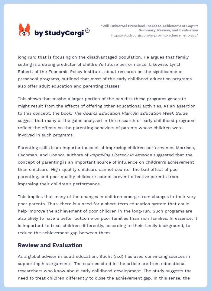 "Will Universal Preschool Increase Achievement Gap?": Summary, Review, and Evaluation. Page 2