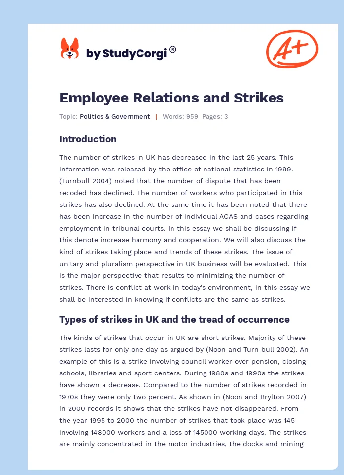 Employee Relations and Strikes. Page 1
