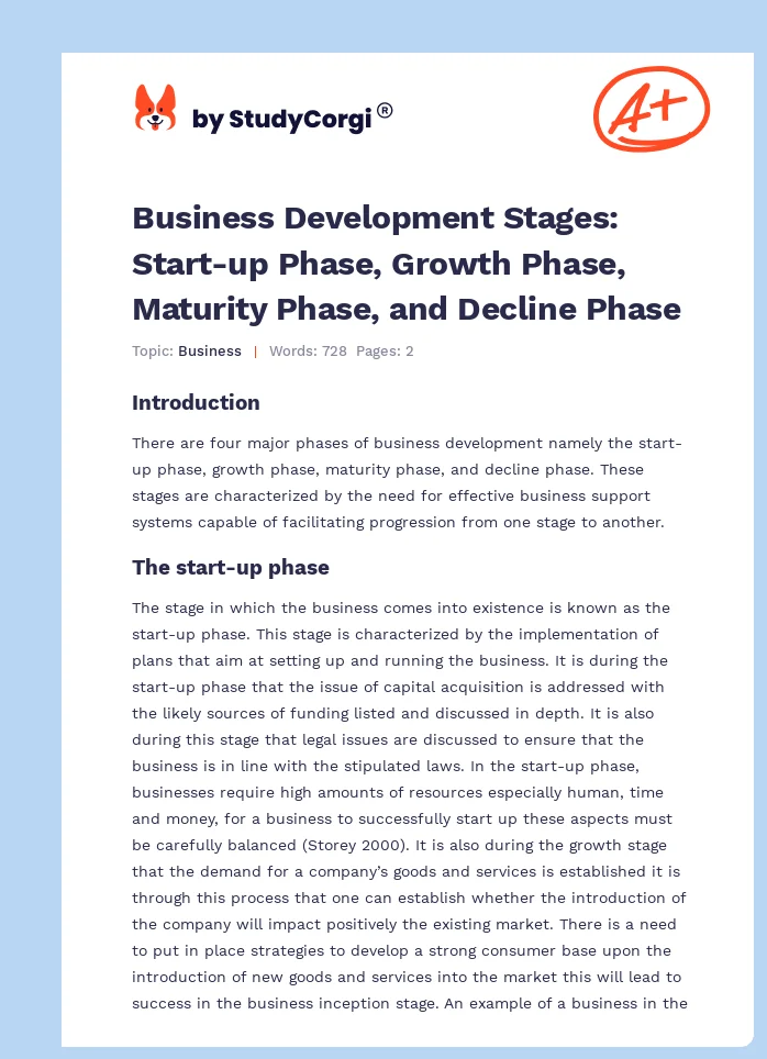 Business Development Stages: Start-up Phase, Growth Phase, Maturity Phase, and Decline Phase. Page 1
