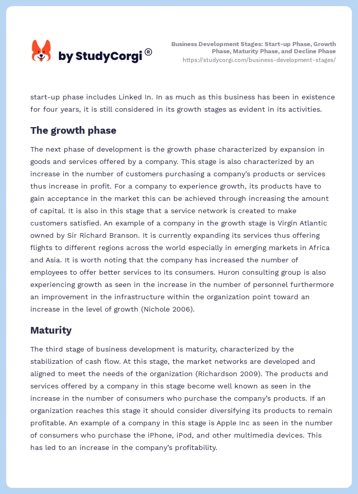 Business Development Stages: Start-up Phase, Growth Phase, Maturity Phase, and Decline Phase. Page 2