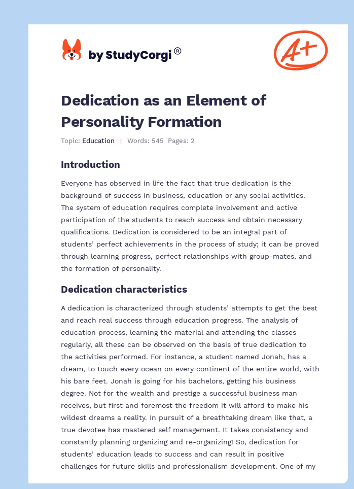 Dedication as an Element of Personality Formation. Page 1