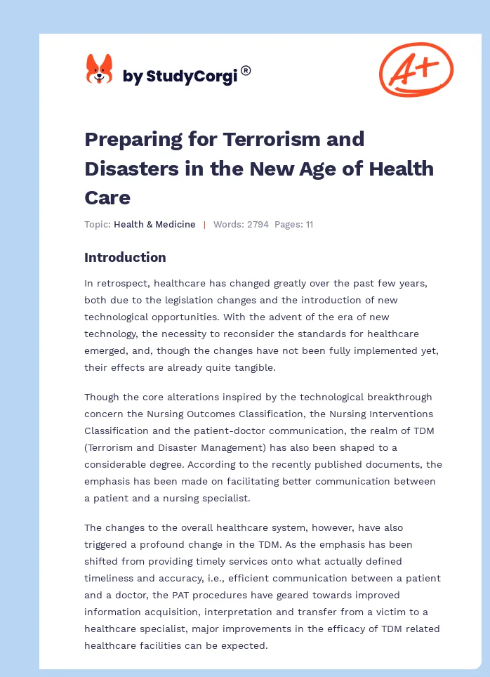 Preparing for Terrorism and Disasters in the New Age of Health Care. Page 1