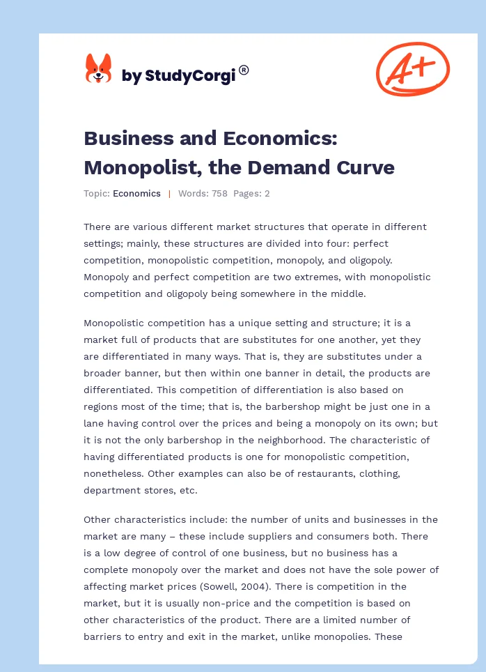 Business and Economics: Monopolist, the Demand Curve. Page 1