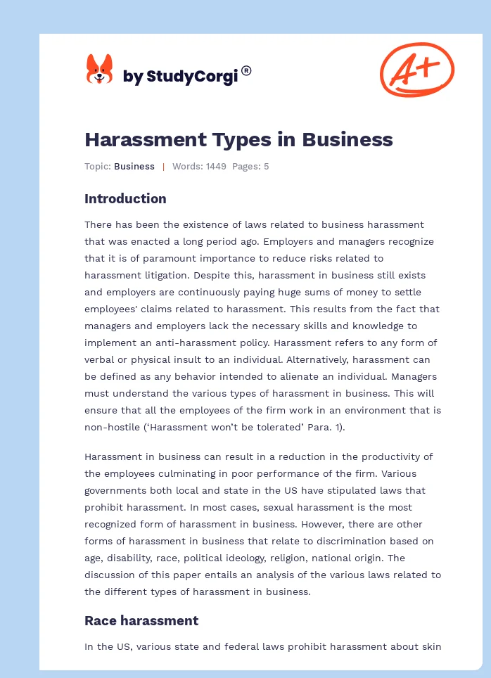 Harassment Types in Business. Page 1