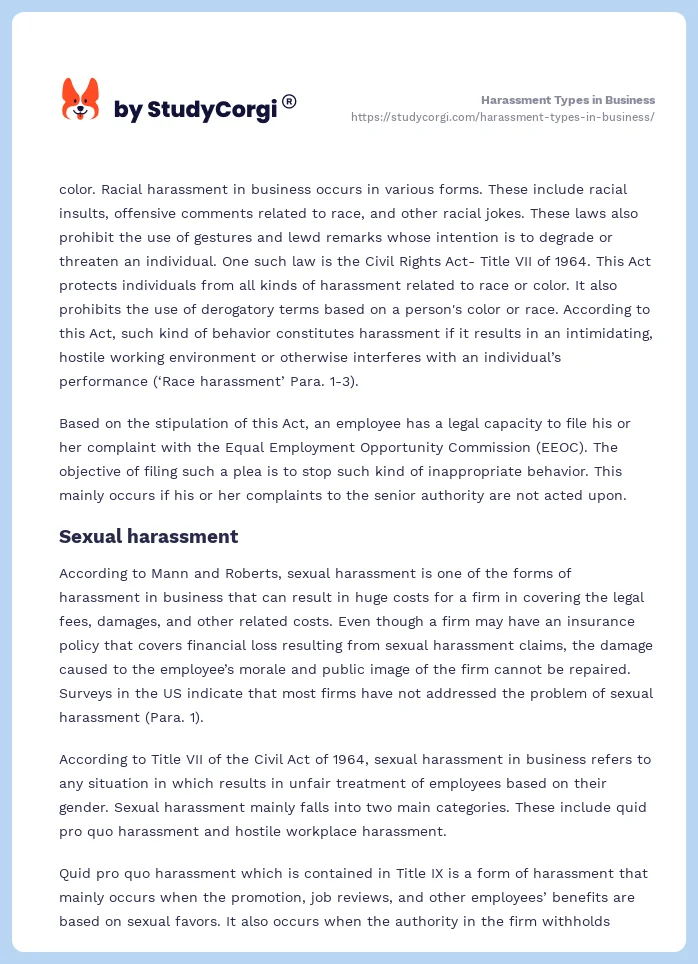 Harassment Types in Business. Page 2