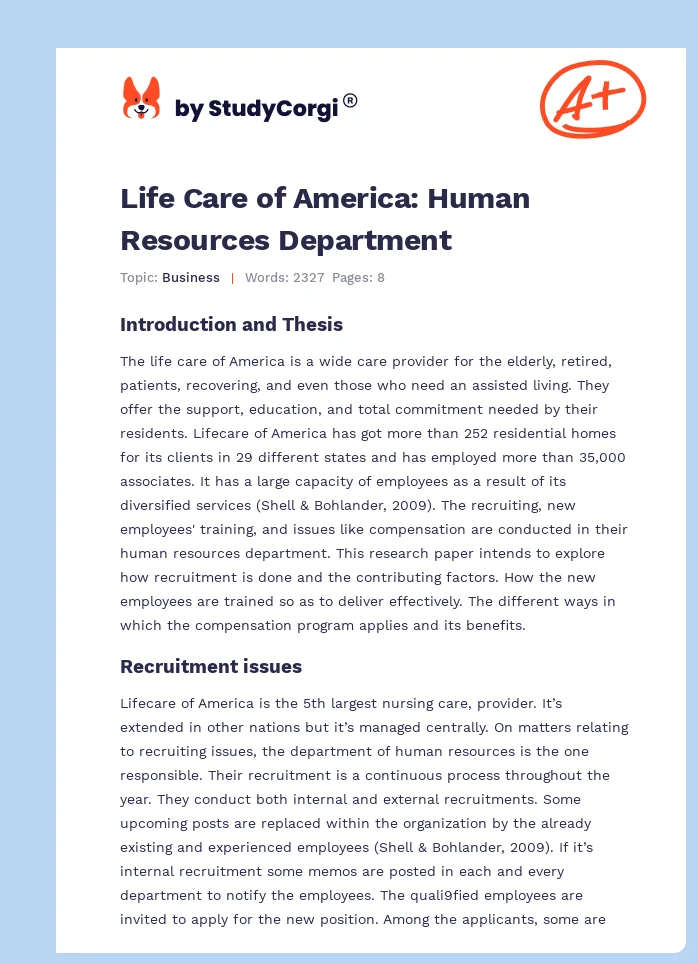 Life Care of America: Human Resources Department. Page 1