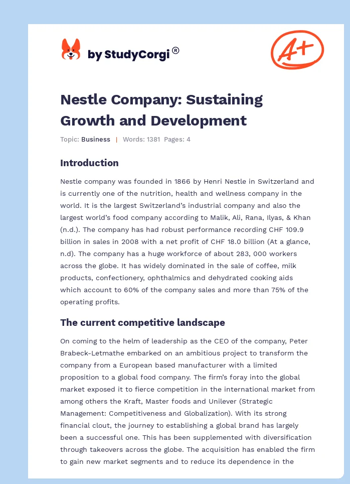 Nestle Company: Sustaining Growth and Development. Page 1