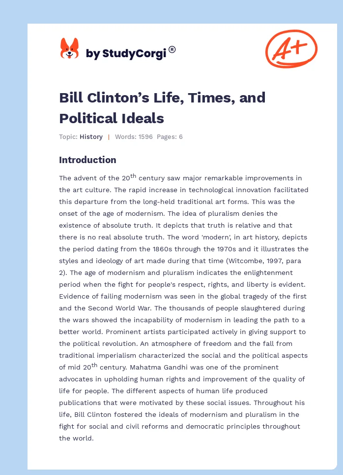 Bill Clinton’s Life, Times, and Political Ideals. Page 1