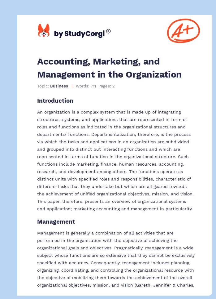 Accounting, Marketing, and Management in the Organization. Page 1