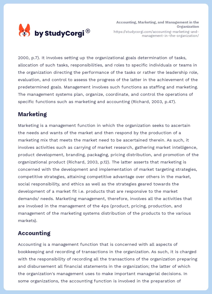 Accounting, Marketing, and Management in the Organization. Page 2