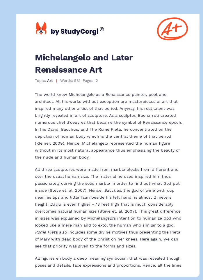 Michelangelo and Later Renaissance Art. Page 1