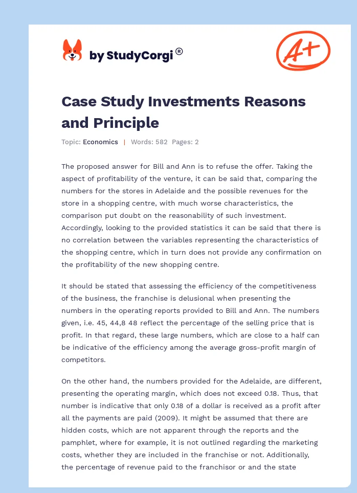 Case Study Investments Reasons and Principle. Page 1