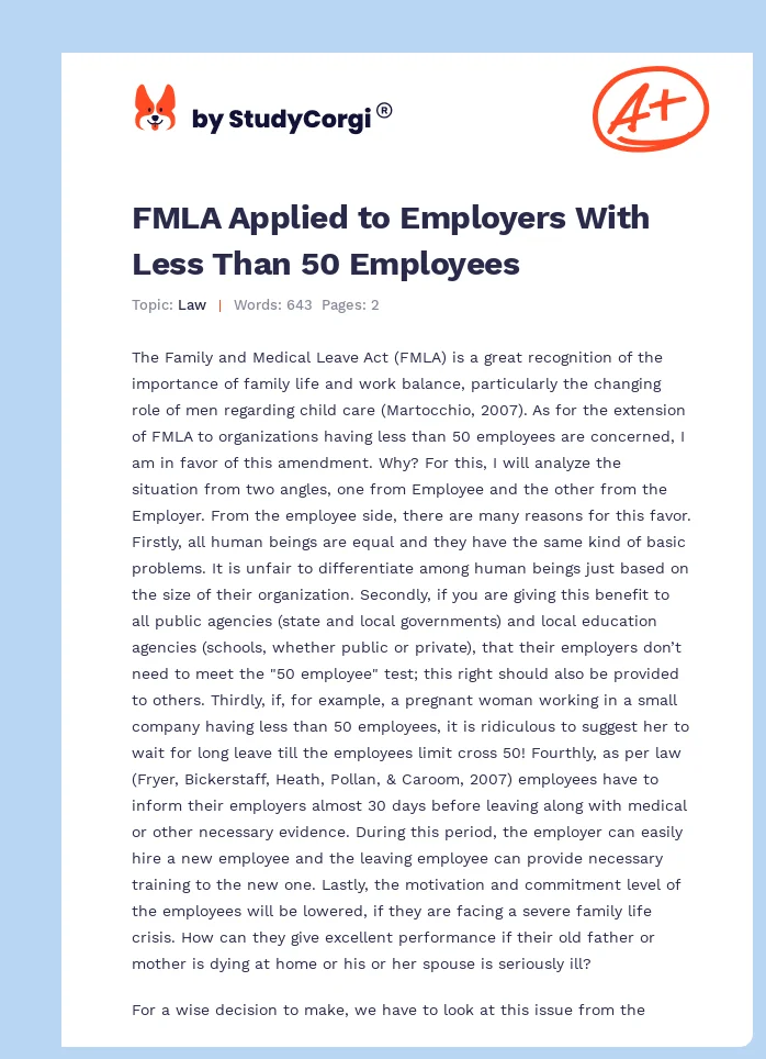 FMLA Applied to Employers With Less Than 50 Employees. Page 1