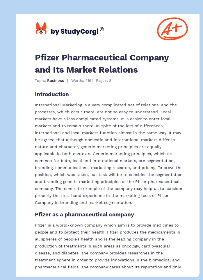 Pfizer Pharmaceutical Company and Its Market Relations. Page 1