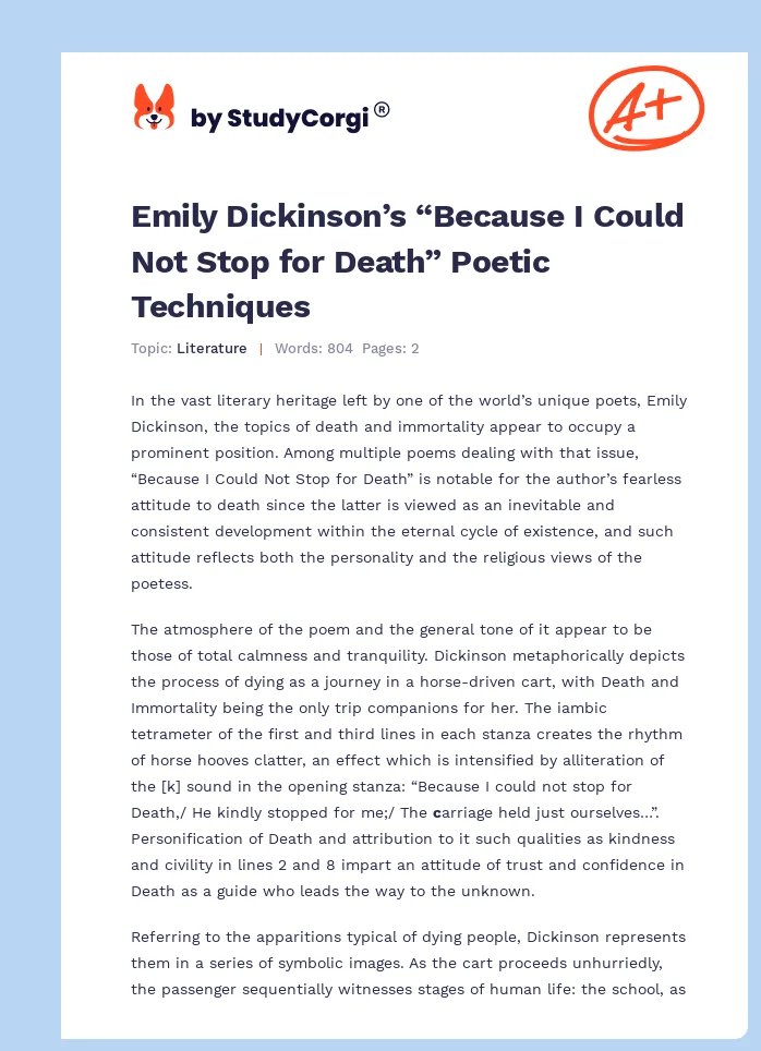 Emily Dickinson’s “Because I Could Not Stop for Death” Poetic Techniques. Page 1
