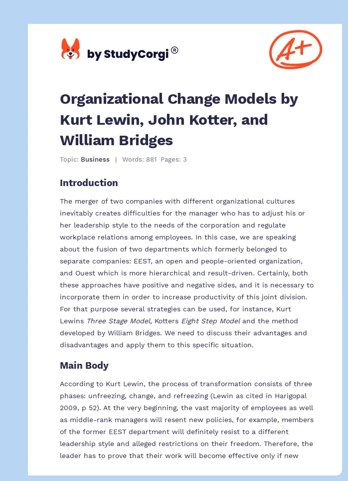 Organizational Change Models by Kurt Lewin, John Kotter, and William Bridges. Page 1