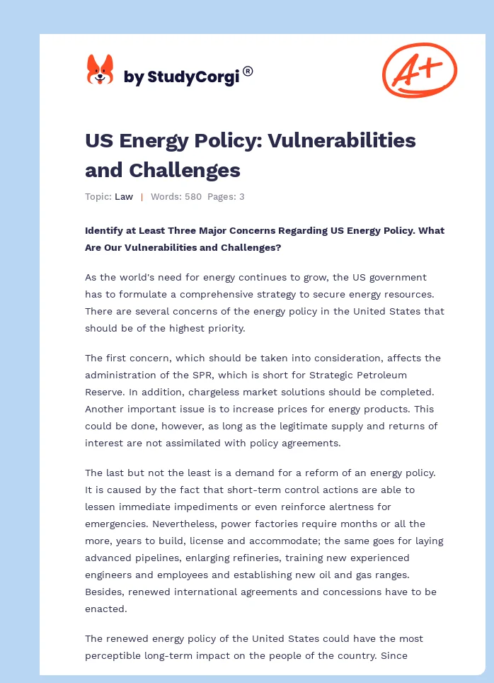 US Energy Policy: Vulnerabilities and Challenges. Page 1