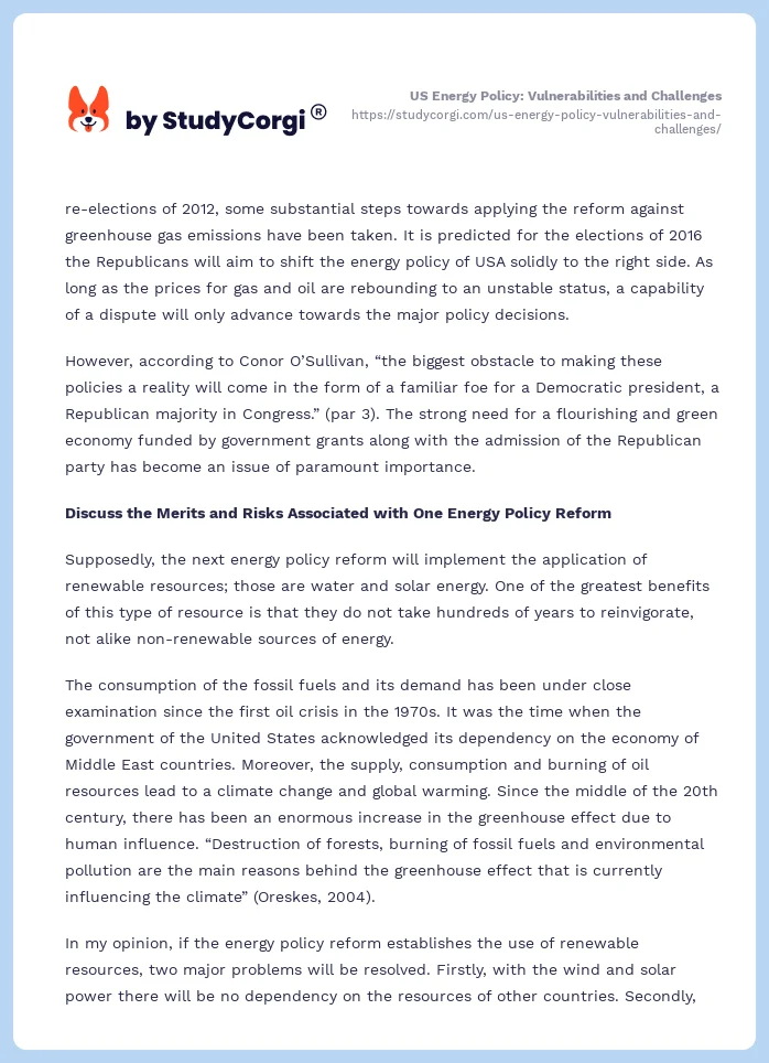 US Energy Policy: Vulnerabilities and Challenges. Page 2