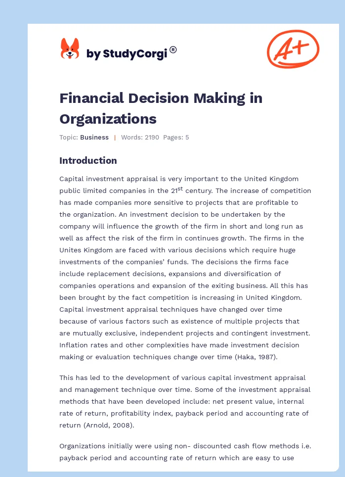 Financial Decision Making in Organizations. Page 1