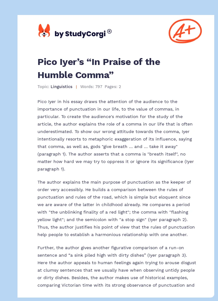 Pico Iyer’s “In Praise of the Humble Comma”. Page 1