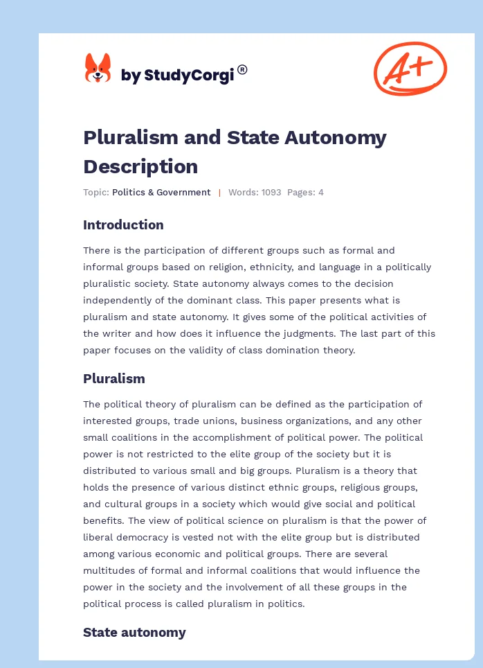 Pluralism and State Autonomy Description. Page 1