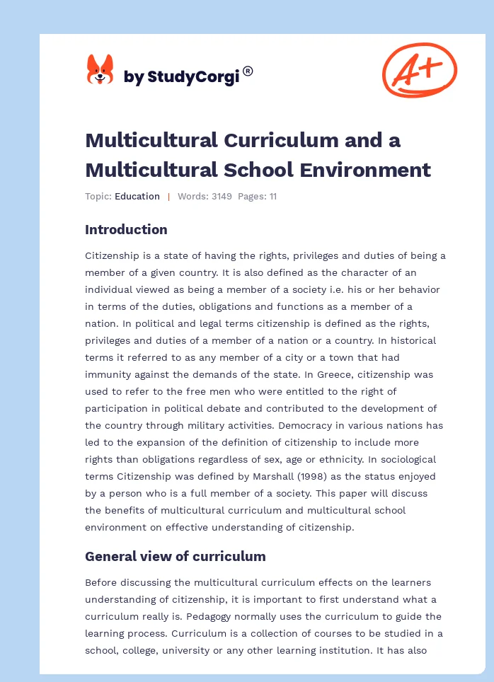 Multicultural Curriculum and a Multicultural School Environment. Page 1