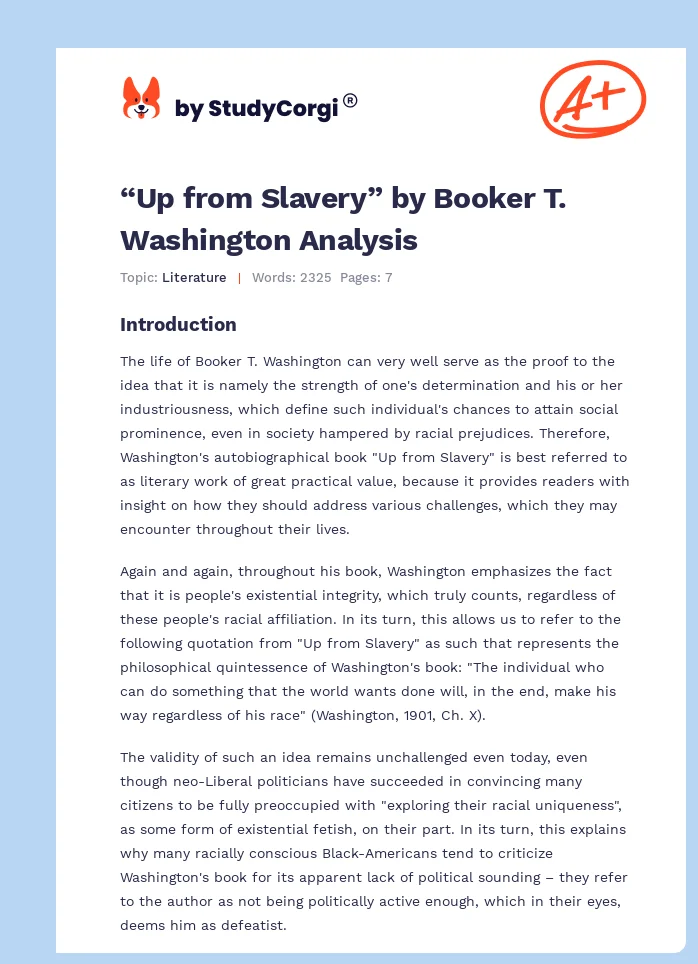 “Up from Slavery” by Booker T. Washington Analysis. Page 1
