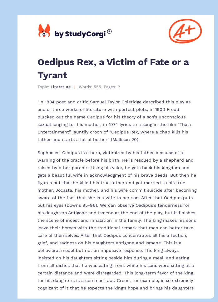 Oedipus Rex, a Victim of Fate or a Tyrant. Page 1