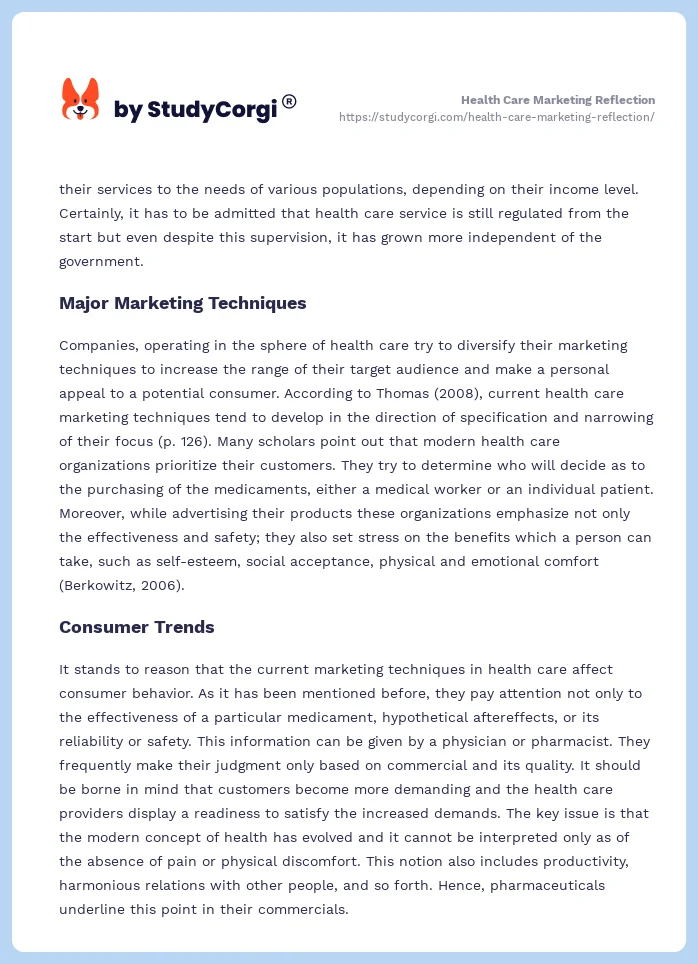 Health Care Marketing Reflection. Page 2