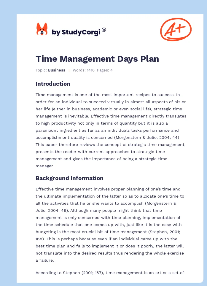 Time Management Days Plan. Page 1