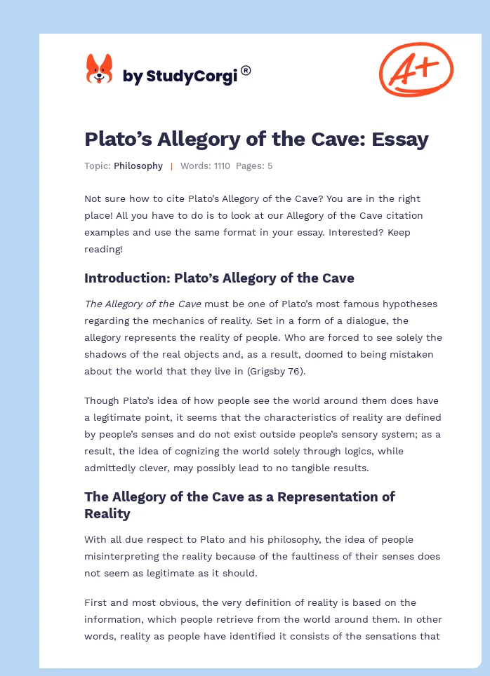 Plato’s Allegory of the Cave: Essay. Page 1
