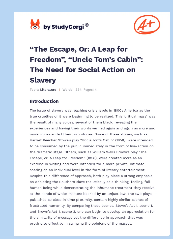 “The Escape, Or: A Leap for Freedom”, “Uncle Tom’s Cabin”: The Need for Social Action on Slavery. Page 1