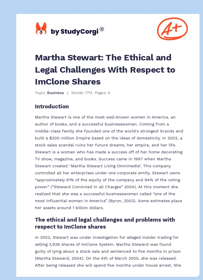Martha Stewart: The Ethical and Legal Challenges With Respect to ImClone Shares. Page 1