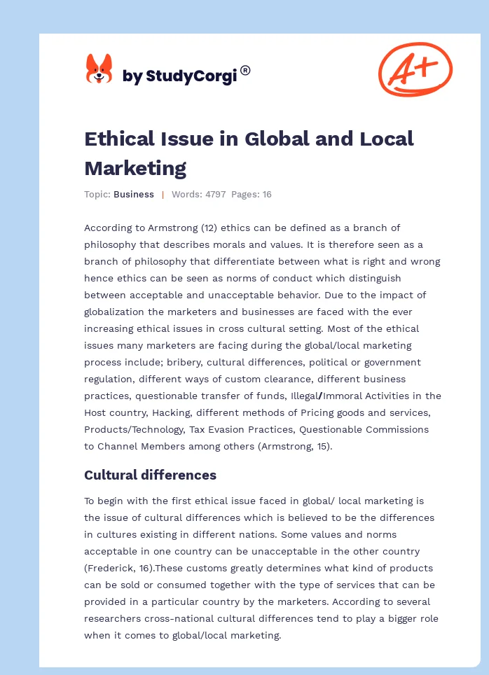 Ethical Issue in Global and Local Marketing. Page 1