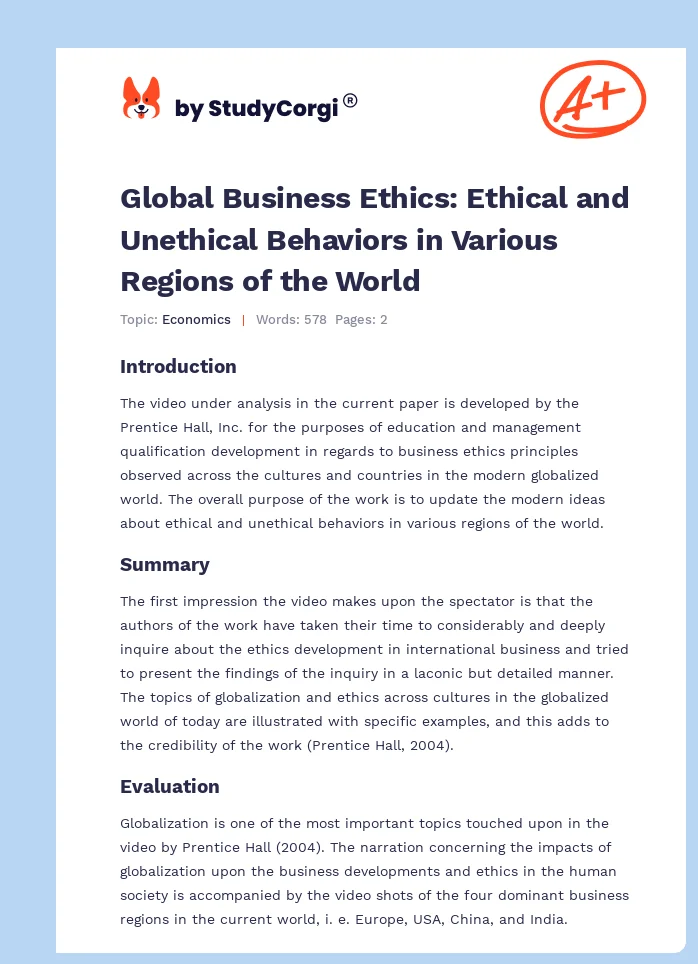Global Business Ethics: Ethical and Unethical Behaviors in Various Regions of the World. Page 1