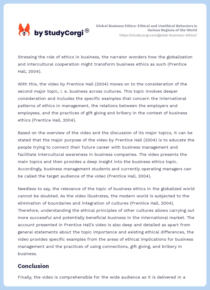 Global Business Ethics: Ethical and Unethical Behaviors in Various Regions of the World. Page 2