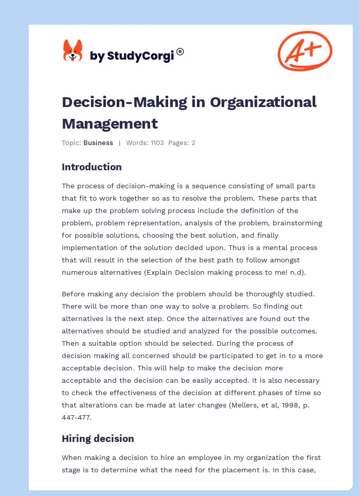 Decision-Making in Organizational Management. Page 1