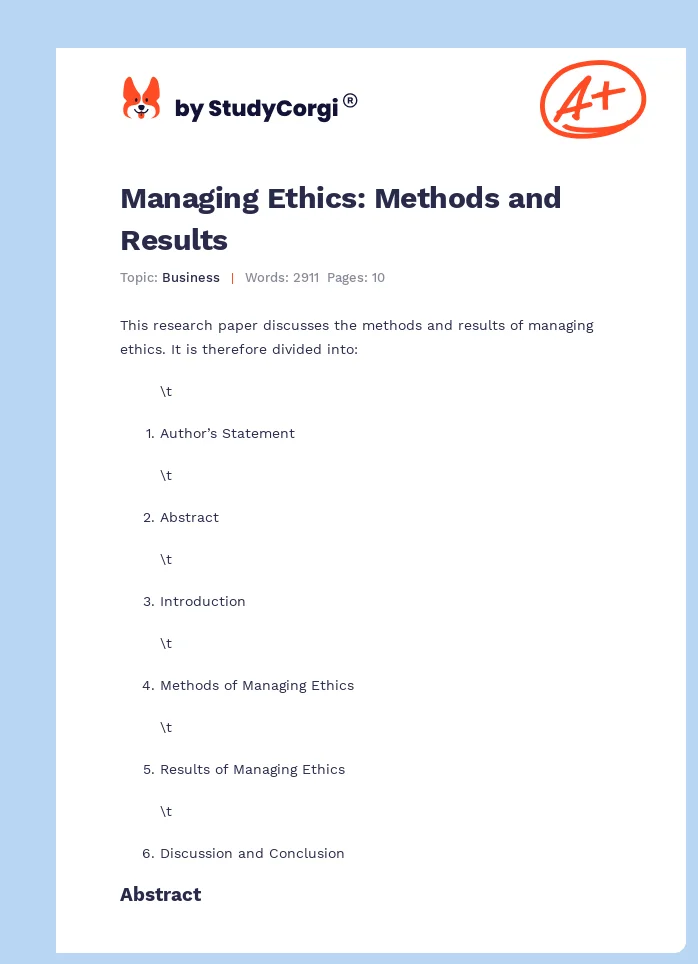 Managing Ethics: Methods and Results. Page 1