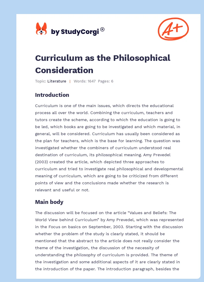 Curriculum as the Philosophical Consideration. Page 1