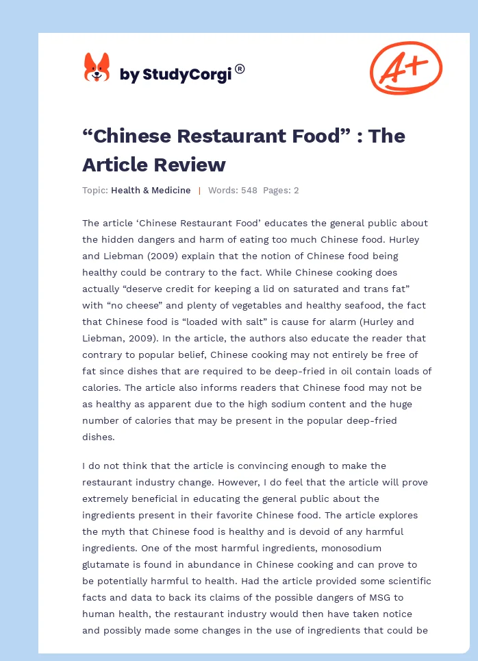 “Chinese Restaurant Food” : The Article Review. Page 1