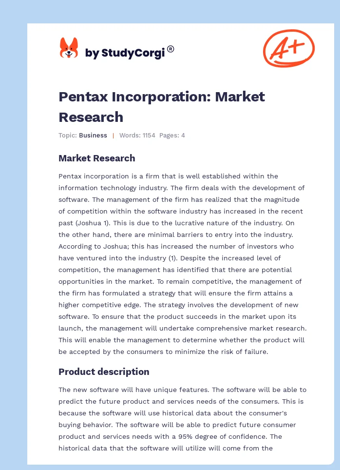 Pentax Incorporation: Market Research. Page 1