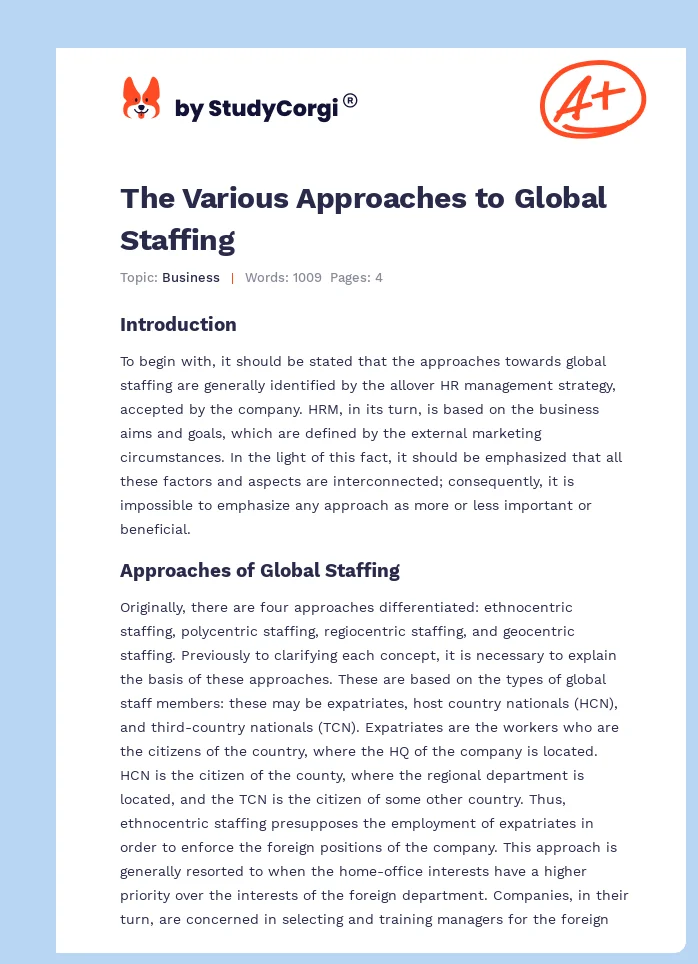The Various Approaches to Global Staffing. Page 1