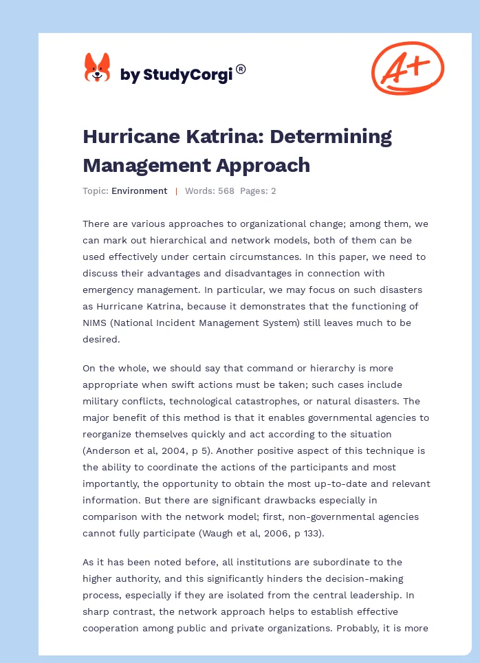 Hurricane Katrina: Determining Management Approach. Page 1