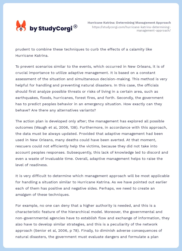 Hurricane Katrina: Determining Management Approach. Page 2