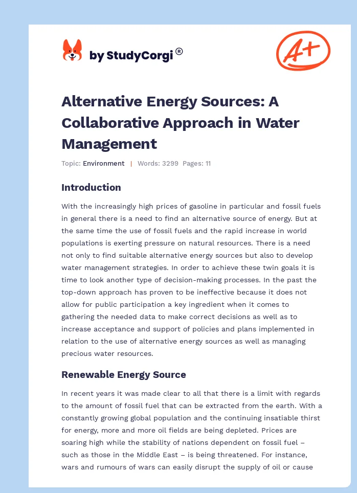 Alternative Energy Sources: A Collaborative Approach in Water Management. Page 1