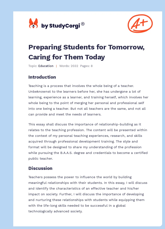 Preparing Students for Tomorrow, Caring for Them Today. Page 1