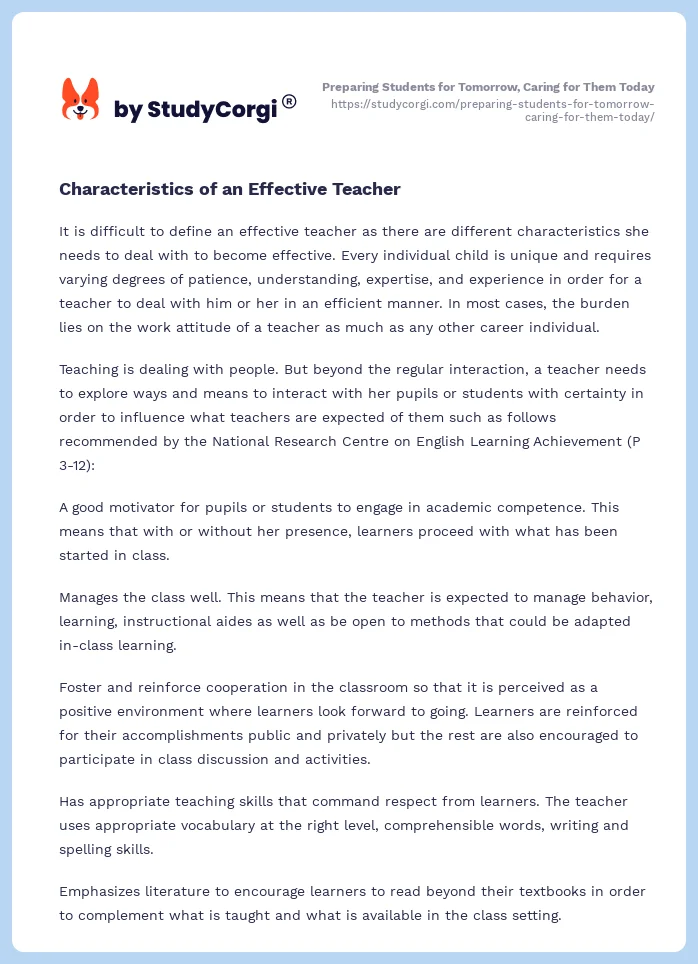 Preparing Students for Tomorrow, Caring for Them Today. Page 2