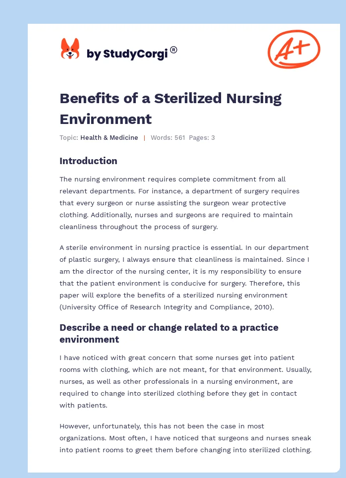 Benefits of a Sterilized Nursing Environment. Page 1