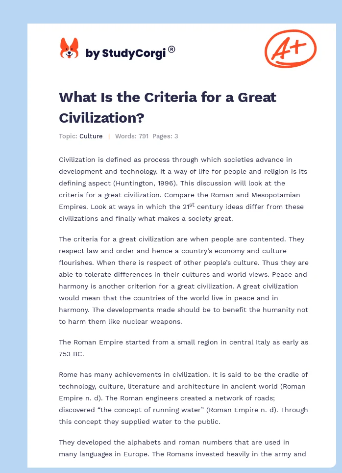 What Is the Criteria for a Great Civilization?. Page 1
