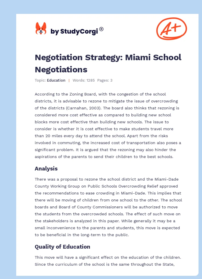 Negotiation Strategy: Miami School Negotiations. Page 1